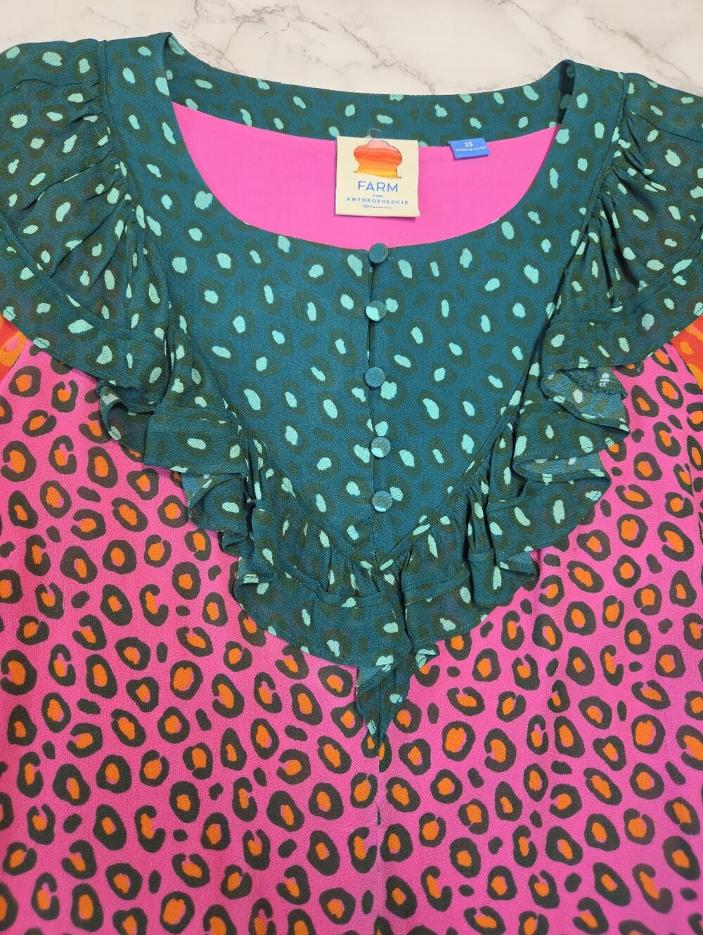 Farm Rio Colorful Patchwork Leopard Print Ruffle Top, Size XS - Picture 6 of 11